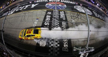 BRISTOL, TENNESSEE - SEPTEMBER 19: Joey Logano, driver of the #22 Shell Pennzoil Ford, celebrates with a burnout after winning the NASCAR Cup Series Bass Pro Shops Night Race at Bristol Motor Speedway on September 19, 2026 in Bristol, Tennessee. (Photo by Jonathan Bachman/Getty Images) | Getty Images