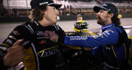 BRISTOL, TENNESSEE - SEPTEMBER 19: Carson Hocevar, driver of the #77 Zeigler Auto Group Chevrolet, (L) and Ryan Blaney, driver of the #12 WABASH Ford, get into an altercation after the NASCAR Cup Series Bass Pro Shops Night Race at Bristol Motor Speedway on September 19, 2026 in Bristol, Tennessee. (Photo by Chris Graythen/Getty Images) | Getty Images