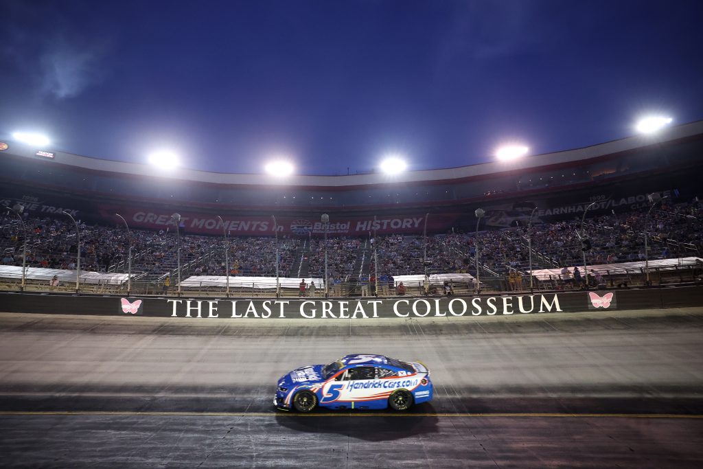 BRISTOL, TENNESSEE - SEPTEMBER 19: Kyle Larson, driver of the #5 HendrickCars.com Chevrolet, drives during the NASCAR Cup Series Bass Pro Shops Night Race at Bristol Motor Speedway on September 19, 2026 in Bristol, Tennessee. (Photo by Chris Graythen/Getty Images) | Getty Images