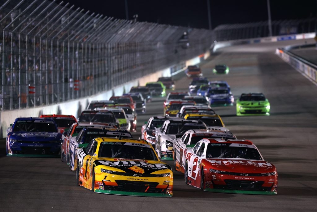 MADISON, ILLINOIS - SEPTEMBER 12: Carson Kvapil, driver of the #1 Wilde Protein Crackers Chevrolet, and Jesse Love, driver of the #2 Whelen Chevrolet, lead the field during the NASCAR O'Reilly Auto Parts Series Nu Way 225 Powered by Bobcat and Sauced by Blues Hog at WWT Raceway on September 12, 2026 in Madison, Illinois. (Photo by Chris Graythen/Getty Images) | Getty Images