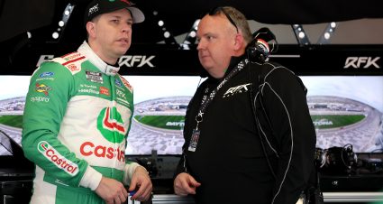 DAYTONA BEACH, FLORIDA - FEBRUARY 11: Brad Keselowski, driver of the #6 Castrol Ford, (L) and crew chief Jeremy Bullins 
 talk in the garage area during practice for the NASCAR Cup Series Daytona 500 at Daytona International Speedway on February 11, 2026 in Daytona Beach, Florida. (Photo by Kevin C. Cox/Getty Images) | Getty Images