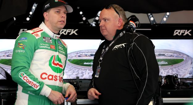 DAYTONA BEACH, FLORIDA - FEBRUARY 11: Brad Keselowski, driver of the #6 Castrol Ford, (L) and crew chief Jeremy Bullins 
 talk in the garage area during practice for the NASCAR Cup Series Daytona 500 at Daytona International Speedway on February 11, 2026 in Daytona Beach, Florida. (Photo by Kevin C. Cox/Getty Images) | Getty Images