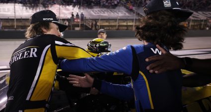 BRISTOL, TENNESSEE - SEPTEMBER 19: Carson Hocevar, driver of the #77 Zeigler Auto Group Chevrolet, (L) and Ryan Blaney, driver of the #12 WABASH Ford, get into an altercation after the NASCAR Cup Series Bass Pro Shops Night Race at Bristol Motor Speedway on September 19, 2026 in Bristol, Tennessee. (Photo by Chris Graythen/Getty Images) | Getty Images