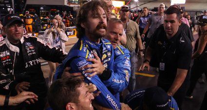 BRISTOL, TENNESSEE - SEPTEMBER 19: Ryan Blaney, driver of the #12 WABASH Ford, is separated from an altercation with Carson Hocevar, driver of the #77 Zeigler Auto Group Chevrolet, (not pictured) after the NASCAR Cup Series Bass Pro Shops Night Race at Bristol Motor Speedway on September 19, 2026 in Bristol, Tennessee. (Photo by Chris Graythen/Getty Images) | Getty Images