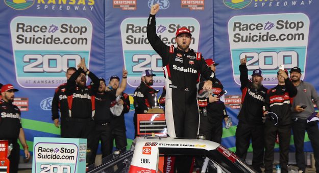 KANSAS CITY, KANSAS - SEPTEMBER 26: Kaden Honeycutt, driver of the #11 Safelite Toyota, celebrates in victory lane after winning the NASCAR Craftsman Truck Series Race to Stop Suicide 200 at Kansas Speedway on September 26, 2026 in Kansas City, Kansas. (Photo by Jonathan Bachman/Getty Images) | Getty Images