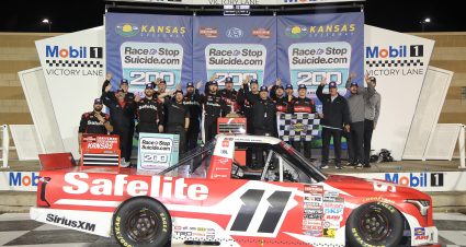 KANSAS CITY, KANSAS - SEPTEMBER 26: Kaden Honeycutt, driver of the #11 Safelite Toyota, and crew celebrate in victory lane after winning the NASCAR Craftsman Truck Series Race to Stop Suicide 200 at Kansas Speedway on September 26, 2026 in Kansas City, Kansas. (Photo by Jonathan Bachman/Getty Images) | Getty Images