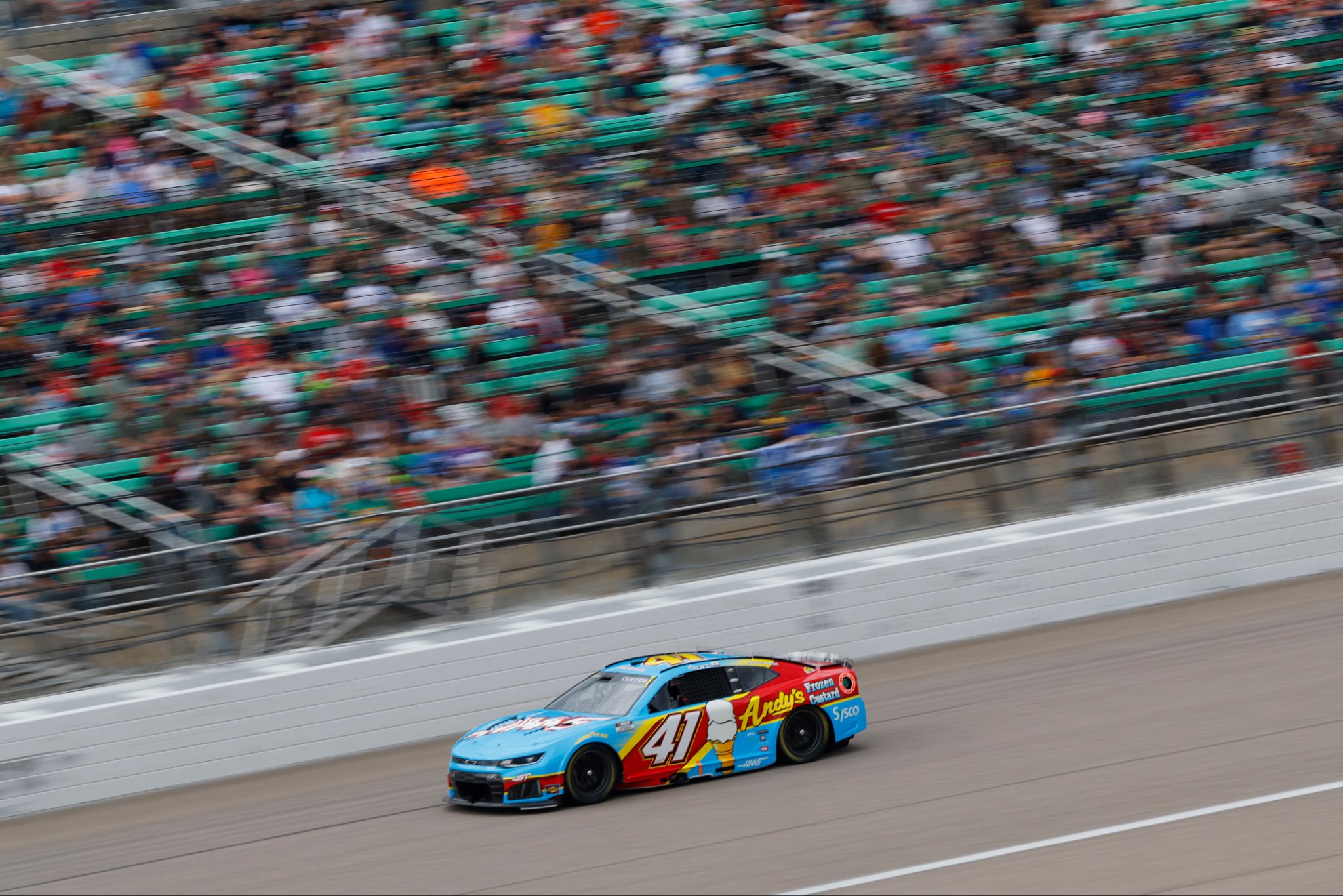 KANSAS CITY, KANSAS - SEPTEMBER 27: Cole Custer, driver of the #41 Haas / Andy's Chevrolet, drives during the NASCAR Cup Series Hollywood Casino 400 at Kansas Speedway on September 27, 2026 in Kansas City, Kansas. (Photo from Haas Factory Team)
