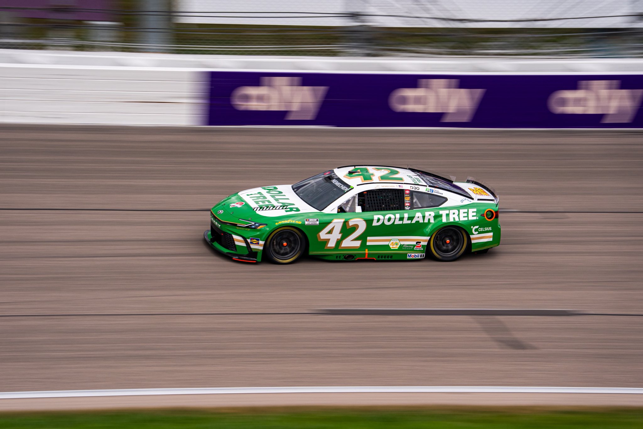 KANSAS CITY, KANSAS - SEPTEMBER 27: John Hunter Nemechek, driver of the #42 Dollar Tree Toyota, drives during the NASCAR Cup Series Hollywood Casino 400 at Kansas Speedway on September 27, 2026 in Kansas City, Kansas. (Photo from Legacy Motor Club)