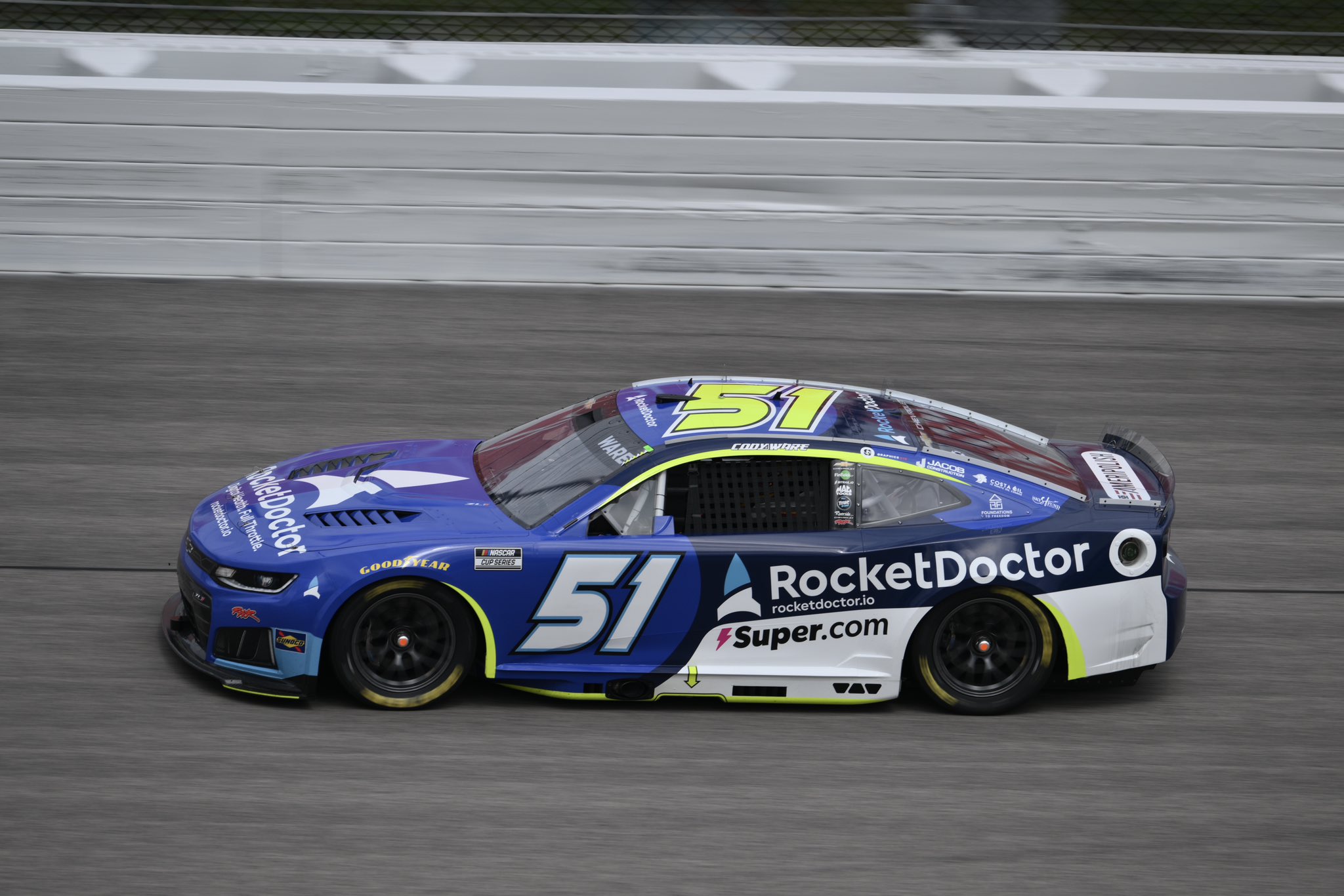 KANSAS CITY, KANSAS - SEPTEMBER 27: Cody Ware, driver of the #51 Rocket Doctor Chevrolet, drives during the NASCAR Cup Series Hollywood Casino 400 at Kansas Speedway on September 27, 2026 in Kansas City, Kansas. (Photo from Rick Ware Racing)