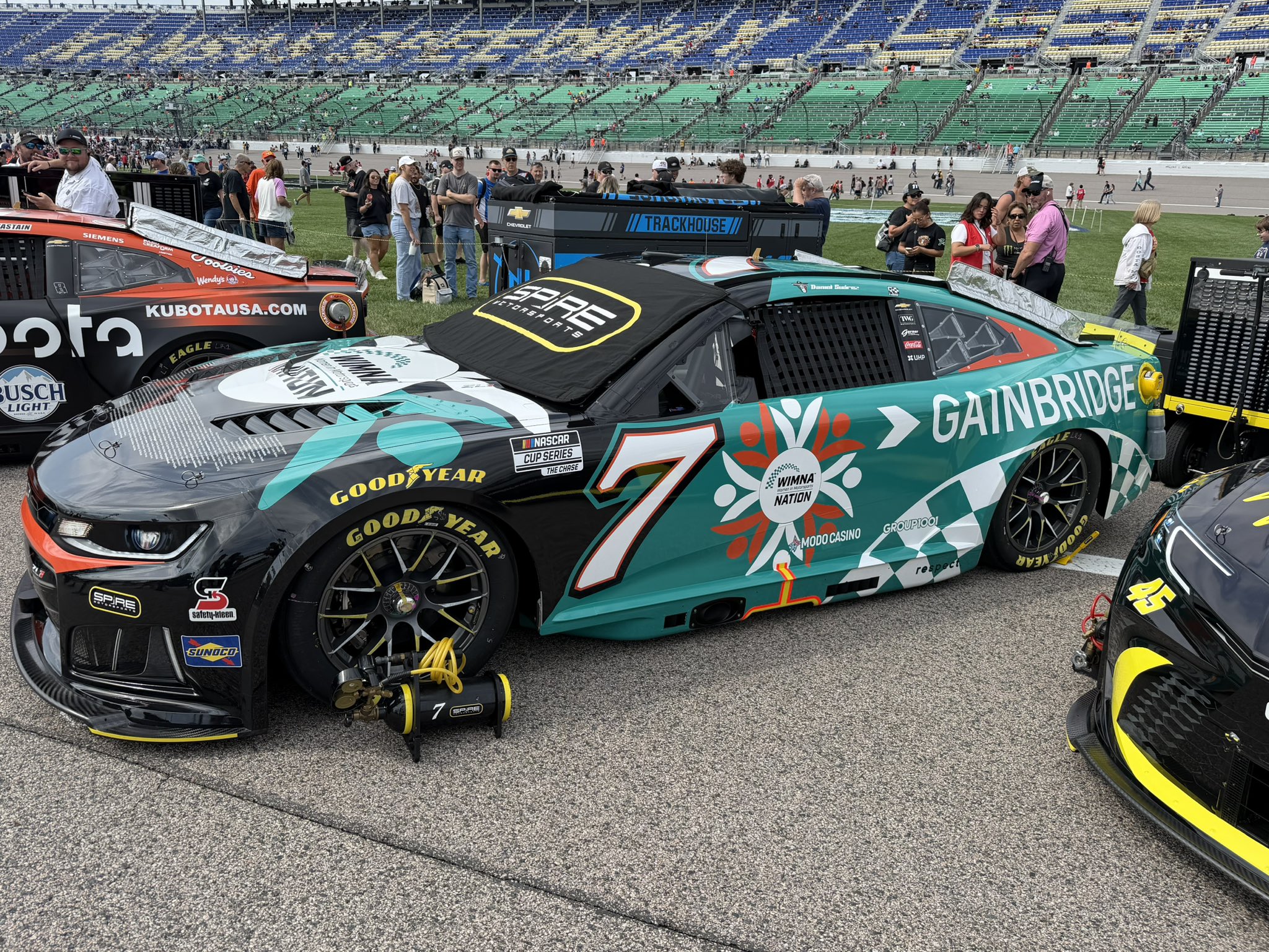KANSAS CITY, KANSAS - SEPTEMBER 27: Daniel Suarez's #7 WIMNA Nation Chevrolet prior to the NASCAR Cup Series Hollywood Casino 400 at Kansas Speedway on September 27, 2026 in Kansas City, Kansas. (Photo from Dustin Albino of Jayski.com)