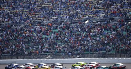 KANSAS CITY, KANSAS - SEPTEMBER 27: Kyle Larson, driver of the #5 HendrickCars.com Chevrolet, leads the field during the NASCAR Cup Series Hollywood Casino 400 at Kansas Speedway on September 27, 2026 in Kansas City, Kansas. (Photo by Sean Gardner/Getty Images) | Getty Images