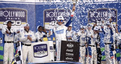 KANSAS CITY, KANSAS - SEPTEMBER 27: Kyle Larson, driver of the #5 HendrickCars.com Chevrolet, celebrates in victory lane after winning the NASCAR Cup Series Hollywood Casino 400 at Kansas Speedway on September 27, 2026 in Kansas City, Kansas. (Photo by Sean Gardner/Getty Images) | Getty Images