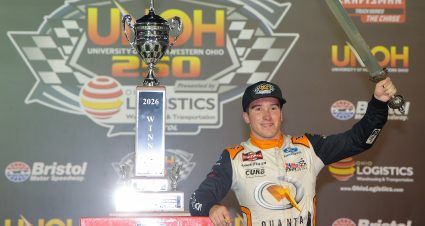 BRISTOL, TENNESSEE - SEPTEMBER 17: Jake Garcia, driver of the #98 Quanta/Curb Records Ford, celebrates in victory lane after winning the NASCAR Craftsman Truck Series UNOH 250 Presented by Ohio Logistics at Bristol Motor Speedway on September 17, 2026 in Bristol, Tennessee. (Photo by Jonathan Bachman/Getty Images) | Getty Images