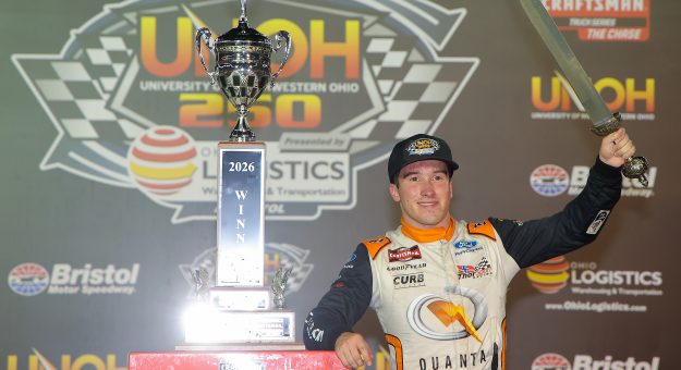 BRISTOL, TENNESSEE - SEPTEMBER 17: Jake Garcia, driver of the #98 Quanta/Curb Records Ford, celebrates in victory lane after winning the NASCAR Craftsman Truck Series UNOH 250 Presented by Ohio Logistics at Bristol Motor Speedway on September 17, 2026 in Bristol, Tennessee. (Photo by Jonathan Bachman/Getty Images) | Getty Images