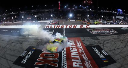 DARLINGTON, SOUTH CAROLINA - SEPTEMBER 05: Sheldon Creed, driver of the #00 Ollie's Chevrolet, celebrates with a burnout as fireworks erupt after winning the NASCAR O'Reilly Auto Parts Series Fleetio 200 at Darlington Raceway on September 05, 2026 in Darlington, South Carolina. (Photo by Meg Oliphant/Getty Images) | Getty Images
