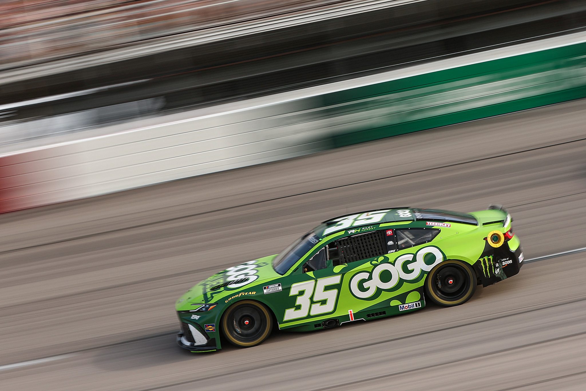 DARLINGTON, SOUTH CAROLINA - SEPTEMBER 06: Riley Herbst, driver of the #35 GOGO SQUEEZ Toyota, drives during the NASCAR Cup Series Cook Out Southern 500 at Darlington Raceway on September 06, 2026 in Darlington, South Carolina. (Photo by Meg Oliphant/Getty Images) | Getty Images