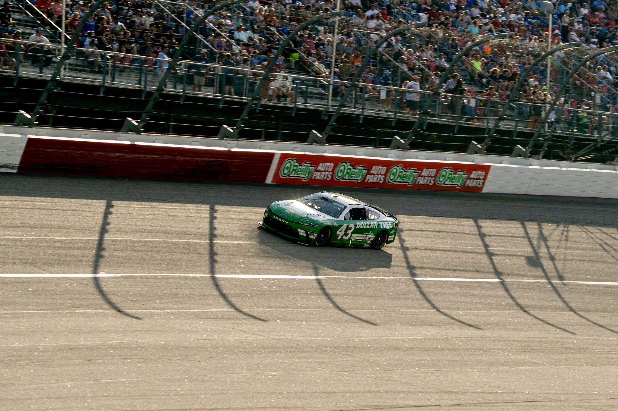 DARLINGTON, SOUTH CAROLINA - SEPTEMBER 06: Erik Jones, driver of the #43 Dollar Tree Toyota drives during the NASCAR Cup Series Cook Out Southern 500 at Darlington Raceway on September 06, 2026 in Darlington, South Carolina. (Photo from Legacy Motor Club)