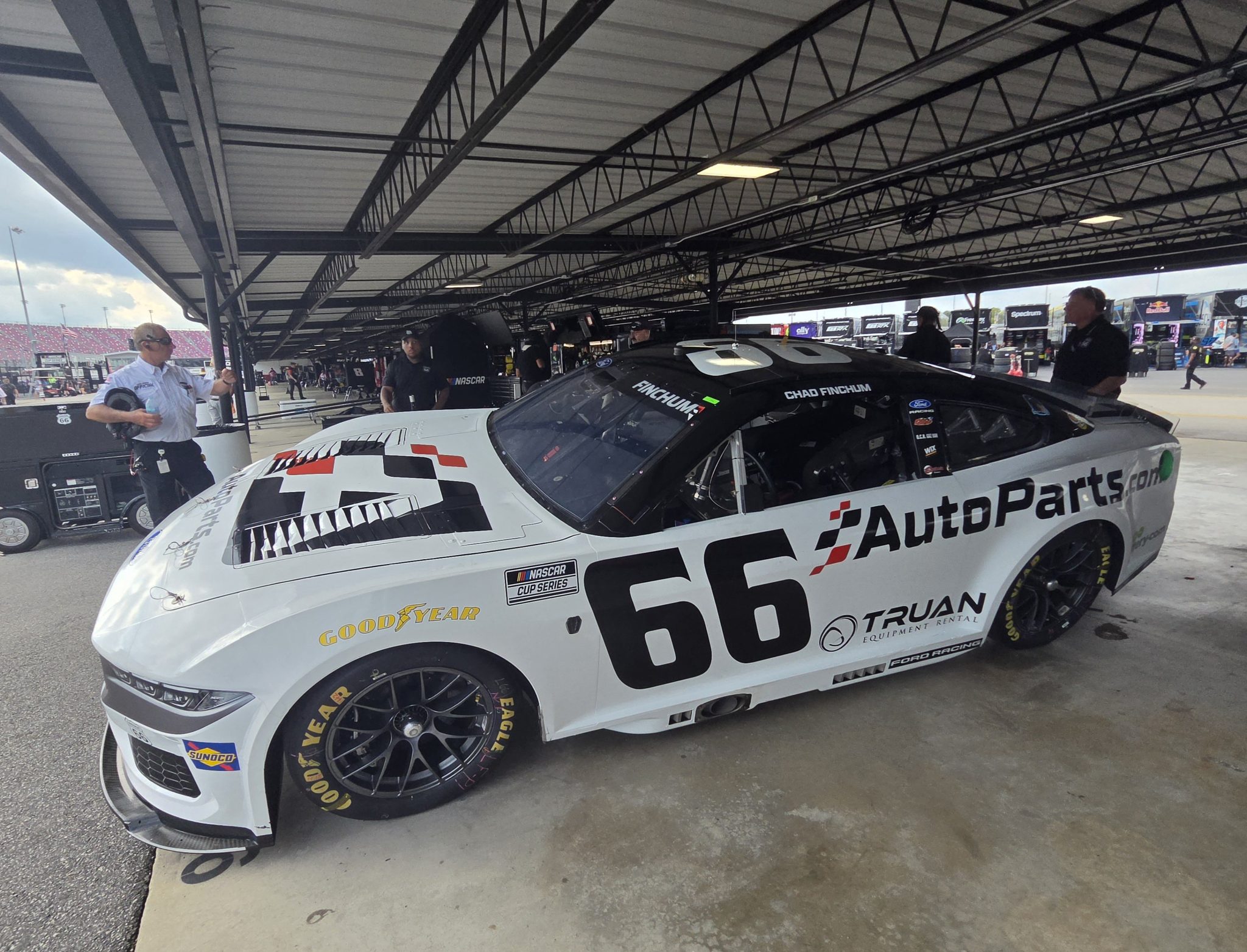 DARLINGTON, SOUTH CAROLINA - SEPTEMBER 05: Chad Finchum's #66 AutoParts.com Ford in the garage prior practice and qualifying for the NASCAR Cup Series Cook Out Southern 500 at Darlington Raceway on September 05, 2026 in Darlington, South Carolina. (Photo from Garage 66)
