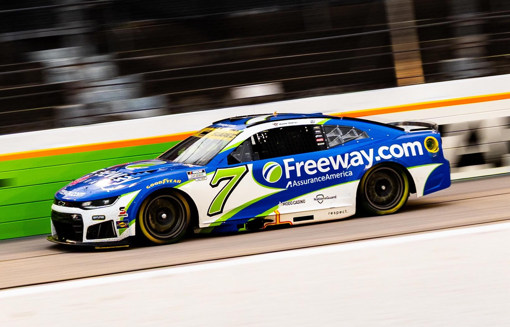 DARLINGTON, SOUTH CAROLINA - SEPTEMBER 06: Daniel Suarez, driver of the #7 Freeway Insurance Chevrolet drives during the NASCAR Cup Series Cook Out Southern 500 at Darlington Raceway on September 06, 2026 in Darlington, South Carolina. (Photo from Spire Motorsports)