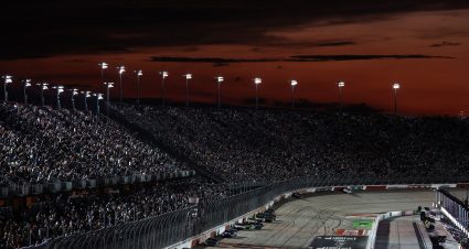 DARLINGTON, SOUTH CAROLINA - SEPTEMBER 06: A general view of racing as the sun sets during the NASCAR Cup Series Cook Out Southern 500 at Darlington Raceway on September 06, 2026 in Darlington, South Carolina. (Photo by James Gilbert/Getty Images) | Getty Images