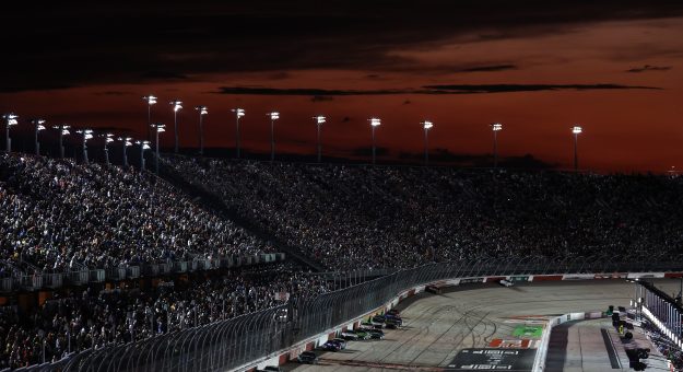 DARLINGTON, SOUTH CAROLINA - SEPTEMBER 06: A general view of racing as the sun sets during the NASCAR Cup Series Cook Out Southern 500 at Darlington Raceway on September 06, 2026 in Darlington, South Carolina. (Photo by James Gilbert/Getty Images) | Getty Images