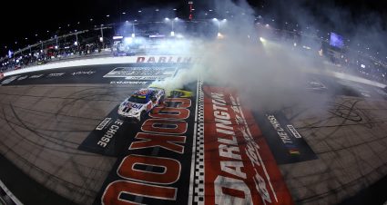 DARLINGTON, SOUTH CAROLINA - SEPTEMBER 06: Christopher Bell, driver of the #20 Mobil 1 Toyota, celebrates with a burnout after winning the NASCAR Cup Series Cook Out Southern 500 at Darlington Raceway on September 06, 2026 in Darlington, South Carolina. (Photo by James Gilbert/Getty Images) | Getty Images