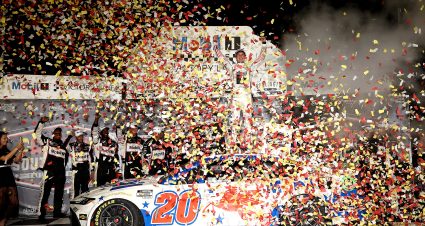 DARLINGTON, SOUTH CAROLINA - SEPTEMBER 06: Christopher Bell, driver of the #20 Mobil 1 Toyota, celebrates in victory lane after winning  the NASCAR Cup Series Cook Out Southern 500 at Darlington Raceway on September 06, 2026 in Darlington, South Carolina. (Photo by Meg Oliphant/Getty Images) | Getty Images