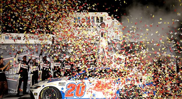 DARLINGTON, SOUTH CAROLINA - SEPTEMBER 06: Christopher Bell, driver of the #20 Mobil 1 Toyota, celebrates in victory lane after winning  the NASCAR Cup Series Cook Out Southern 500 at Darlington Raceway on September 06, 2026 in Darlington, South Carolina. (Photo by Meg Oliphant/Getty Images) | Getty Images